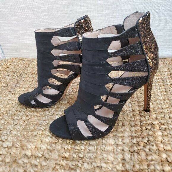 Vince Camuto Caged Heels 7.5 Black Leather Glitter Back Zip Bootie Shoe - Picture 1 of 11